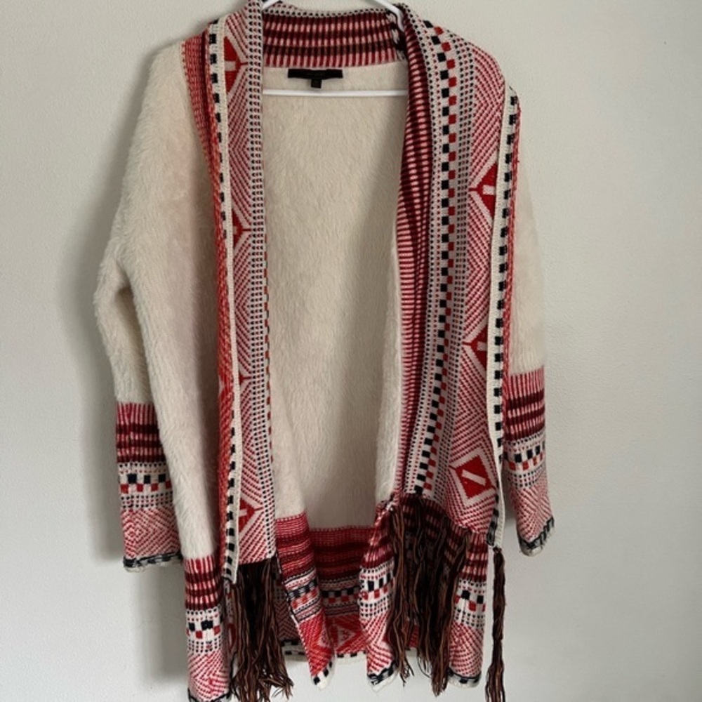 BCBGMaxAzria MaxSport Red Tribal Patterned White Eyelash Cardigan Size Medium